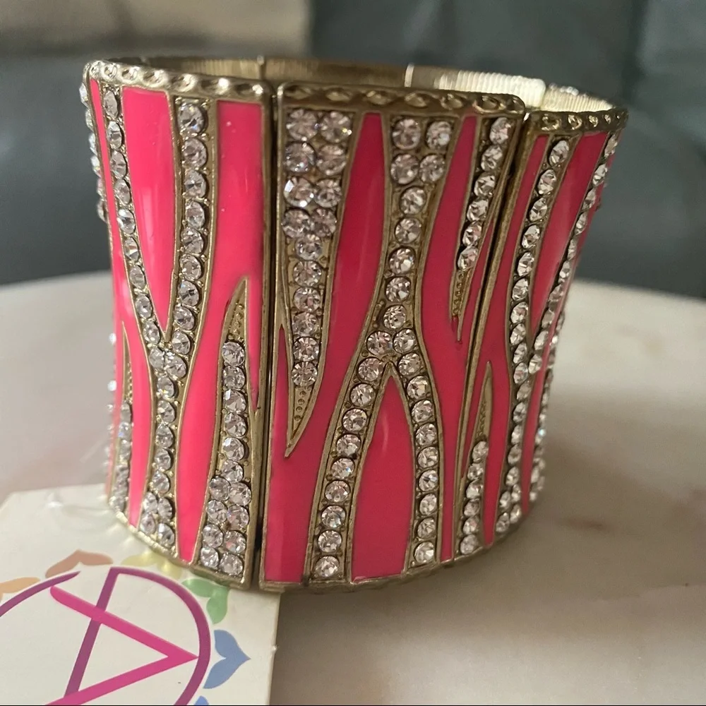 NWT Amrita Singh RENDEZVOUS Stretch Cuff BRACELET Fuschia/Gold/Crystal ZEBRA - Picture 4 of 6
